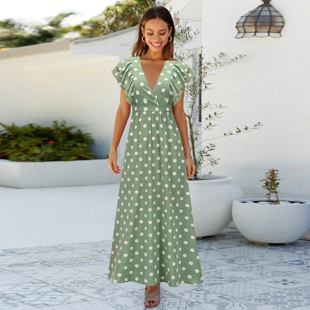 V-neck polka dot dress European and American trend summer new sexy dress loose long plus size beach skirt ins hot sale 2022 new