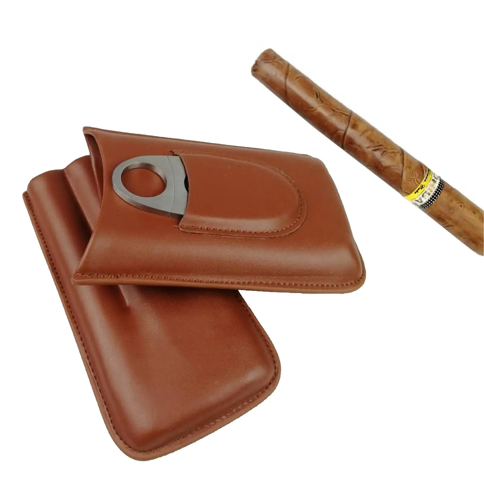 Portable Leather Case for Travel Cedar Wooden Humidors for Cigar Smokers 3 Tubes with Cigar Cutter (Brown)