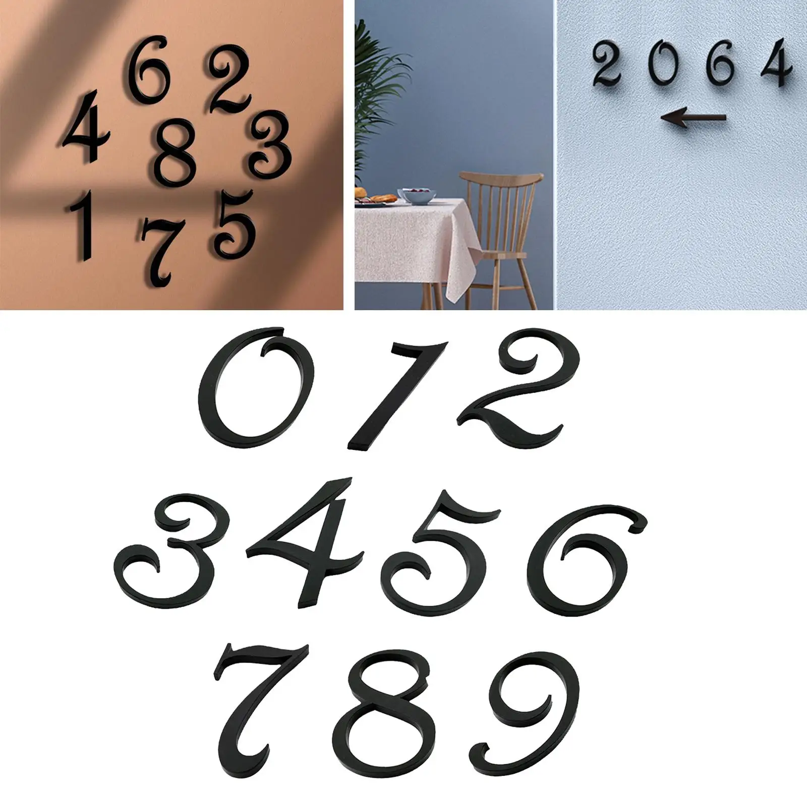 3D Numbers Flat Number Plates Self Adhesive Street Address Stickers for Room Door Office Apartment Hotel