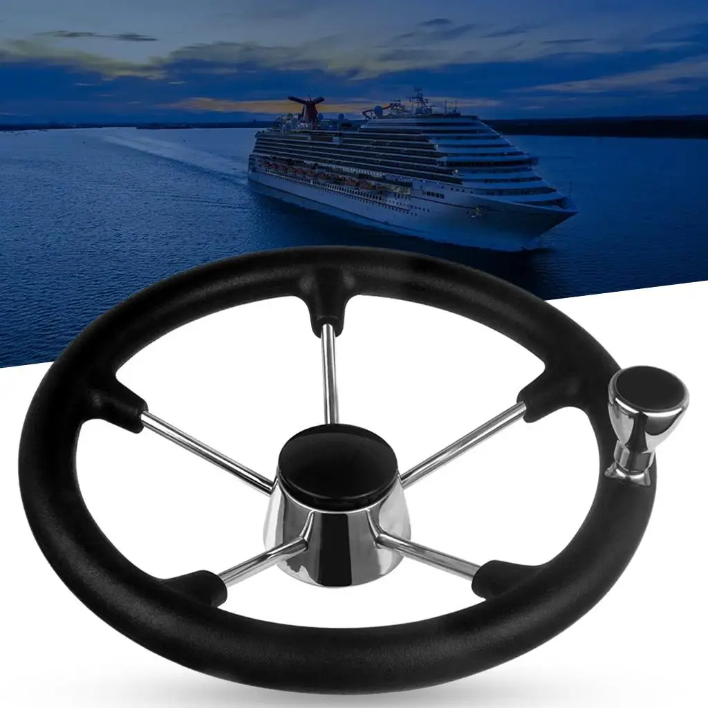 5 Spoke Boat Steering Wheel, 25 Degree Dish, Stainless Steel Steering Wheel with Knob Black Foam