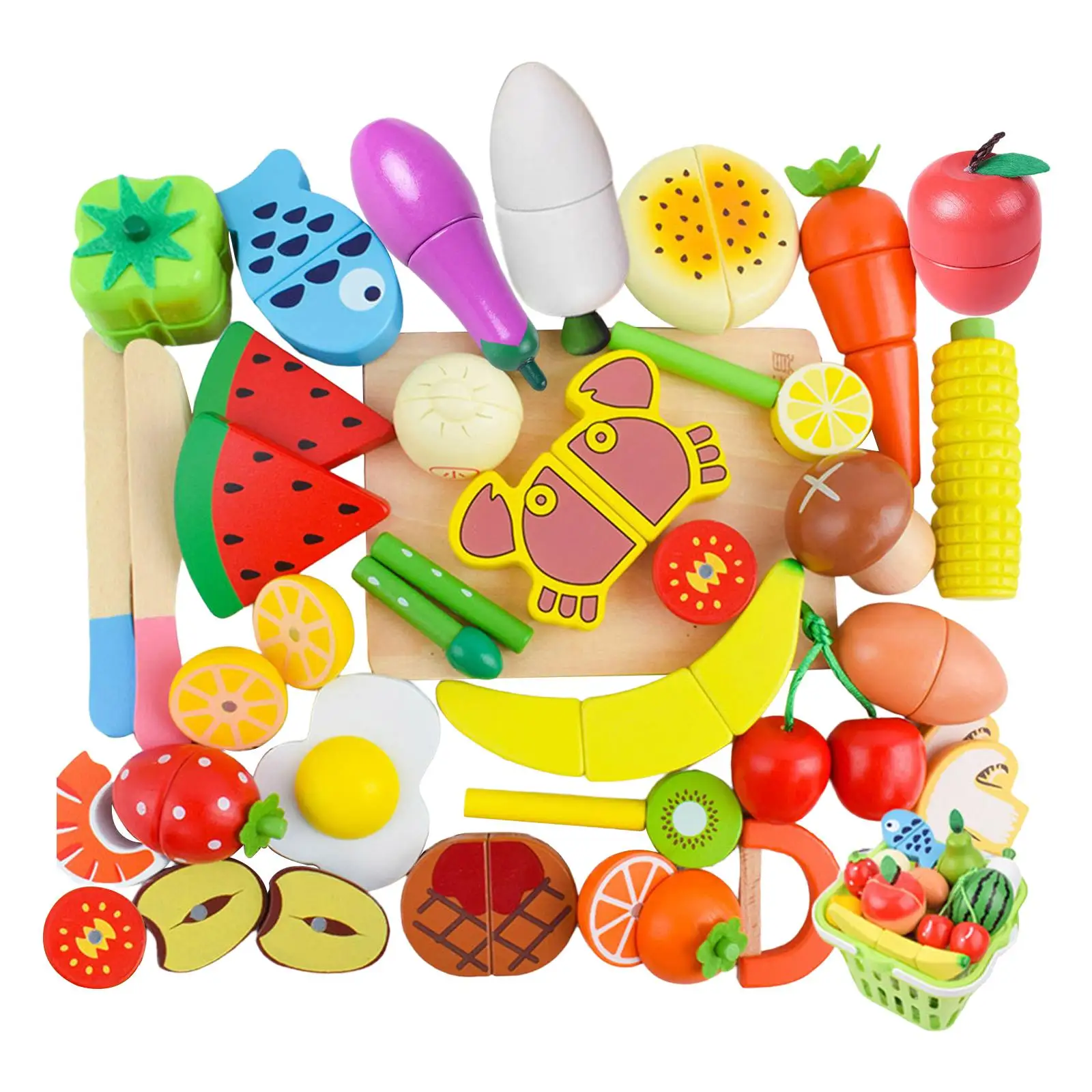35x Cutting Fruit Vegetables Set Cutting Food Kitchen Toys Pretend Play Wooden Play Kitchen Toys for Girls Children Boys Ages 3+
