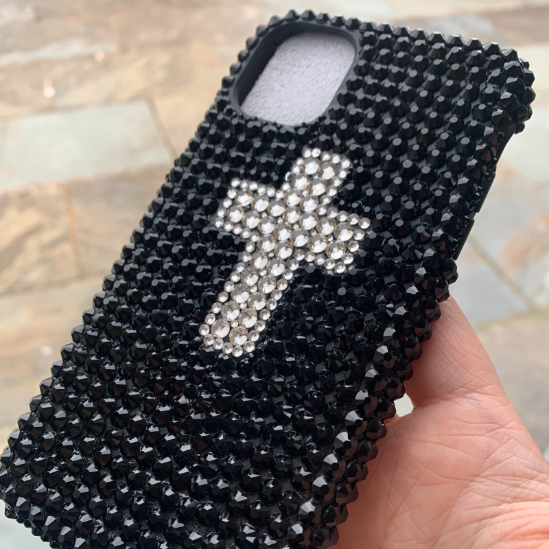 Crystal Cross Design In Black Silver Rhinestone Phone Case for Iphone14 12 13 Iphone 11 Pro Max Case Xiaomi Samsung Phone Case