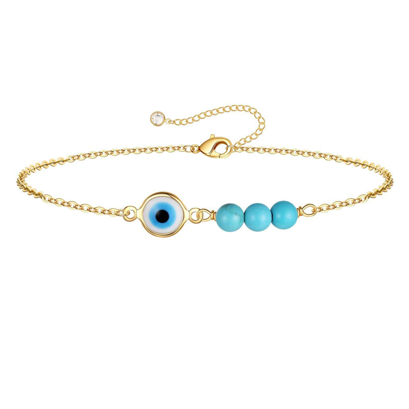 Zierliches Goldarmband für Frauen, 14 Karat vergoldet, böser Blick, Türkis, Charm-Armband, Satellitenkette, Schmuck, süß für Mädchen und Frauen – Detail 4