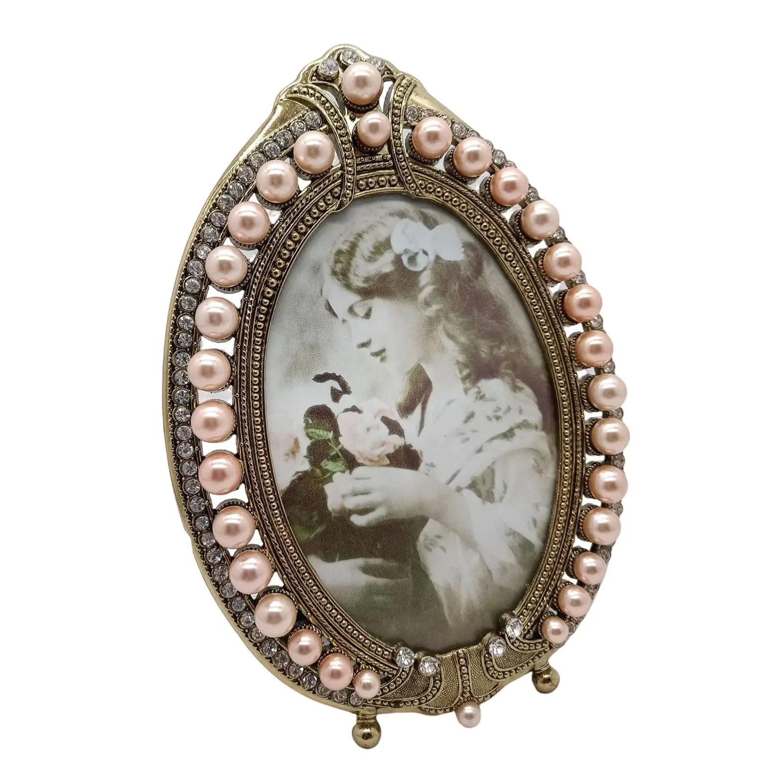 European Retro Style Photo Frame with Pearls Picture Display Holder Freestanding