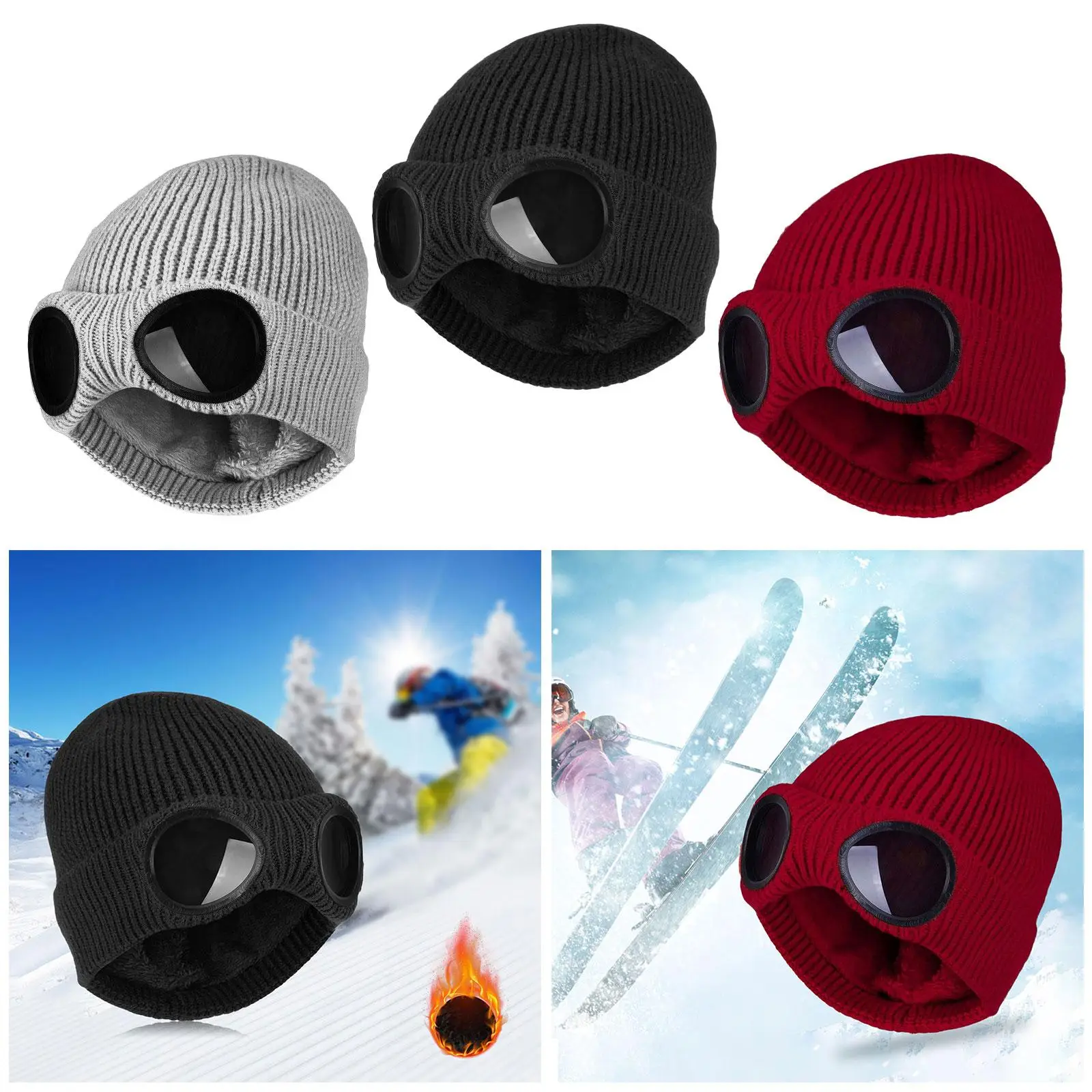 Fashion Winter Warm Knit Hats Thicken Headgear Plush Soft with Glasses Caps for Men Women Girls Boys Hiking Riding Cycling