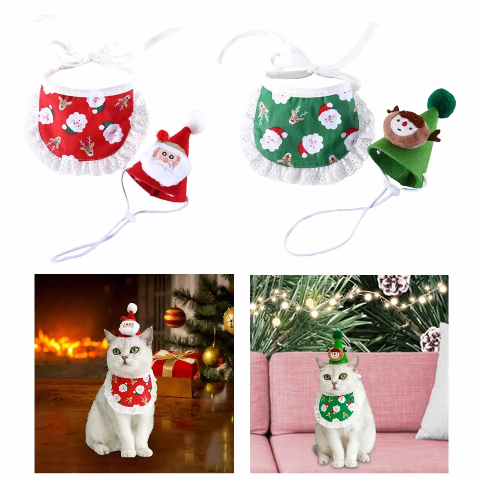 Xmas Small Cats Dogs Hat and Bib Set Decorative Cute Easy to Wear Pet Outfit