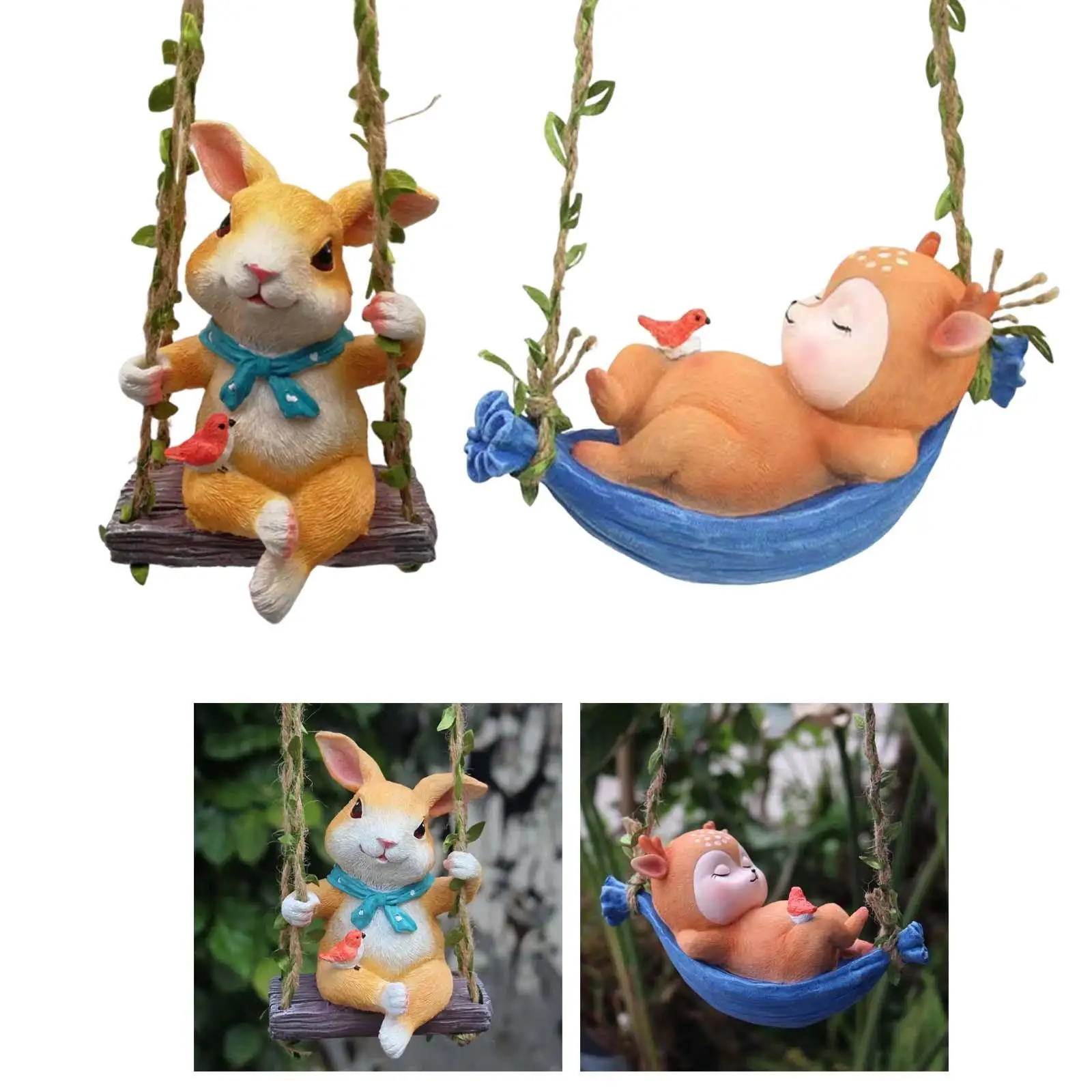 Cute Swing On Animal Statue Outdoor Animal Sculpture Ornaments Hanging Garden Statues for Shelf Desk Home Decor Ornament