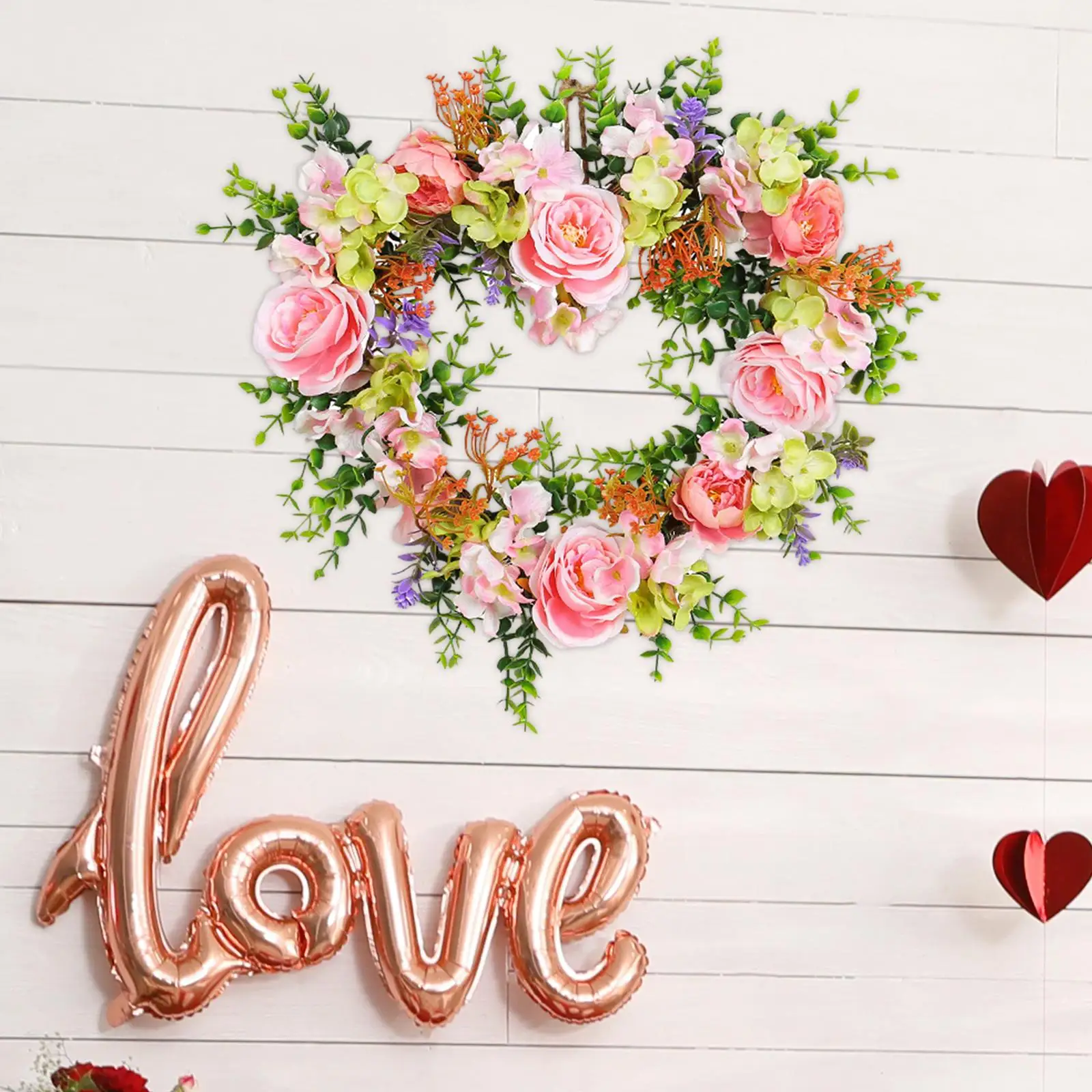 2024 Valentines Day Heart Shaped Artificial Rose Wreath Lightweight Durable Lifelike Front Door Wreath for Outdoor Indoor