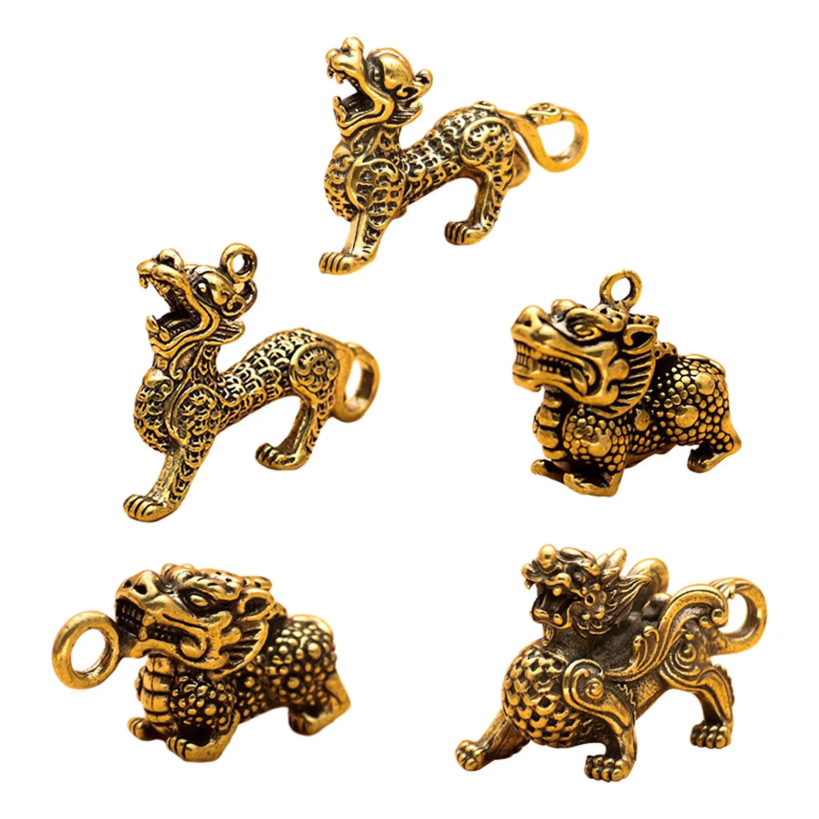 Brass Kirin Key Pendants Retro Styled Home Decor Sculpture Sturdy Kylin Keychains Pendant Charms Feng Shui Brass Kylin Statue