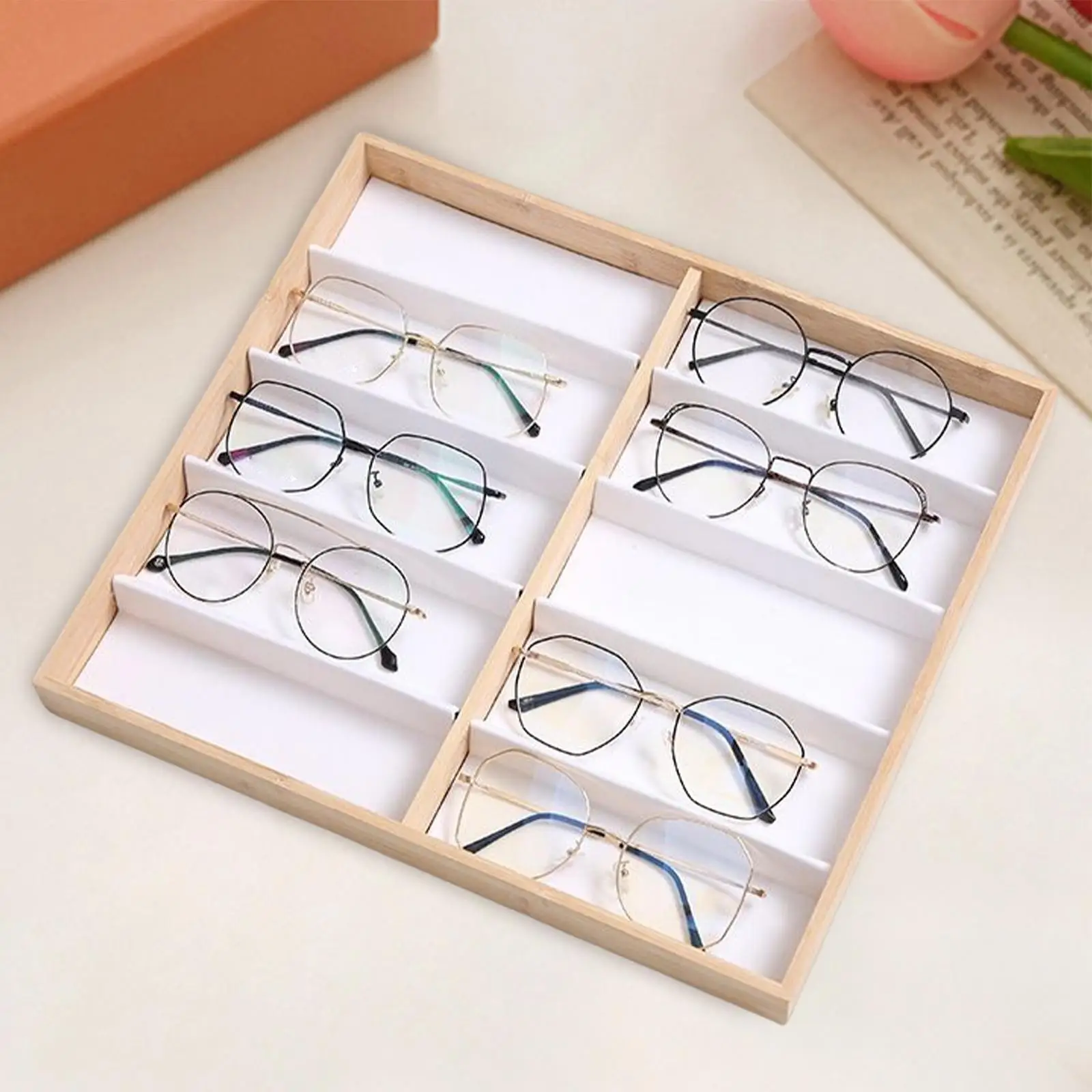 Glasses Display Tray, Eyewear Show Tray Wood Velvet Jewelry Organizer 