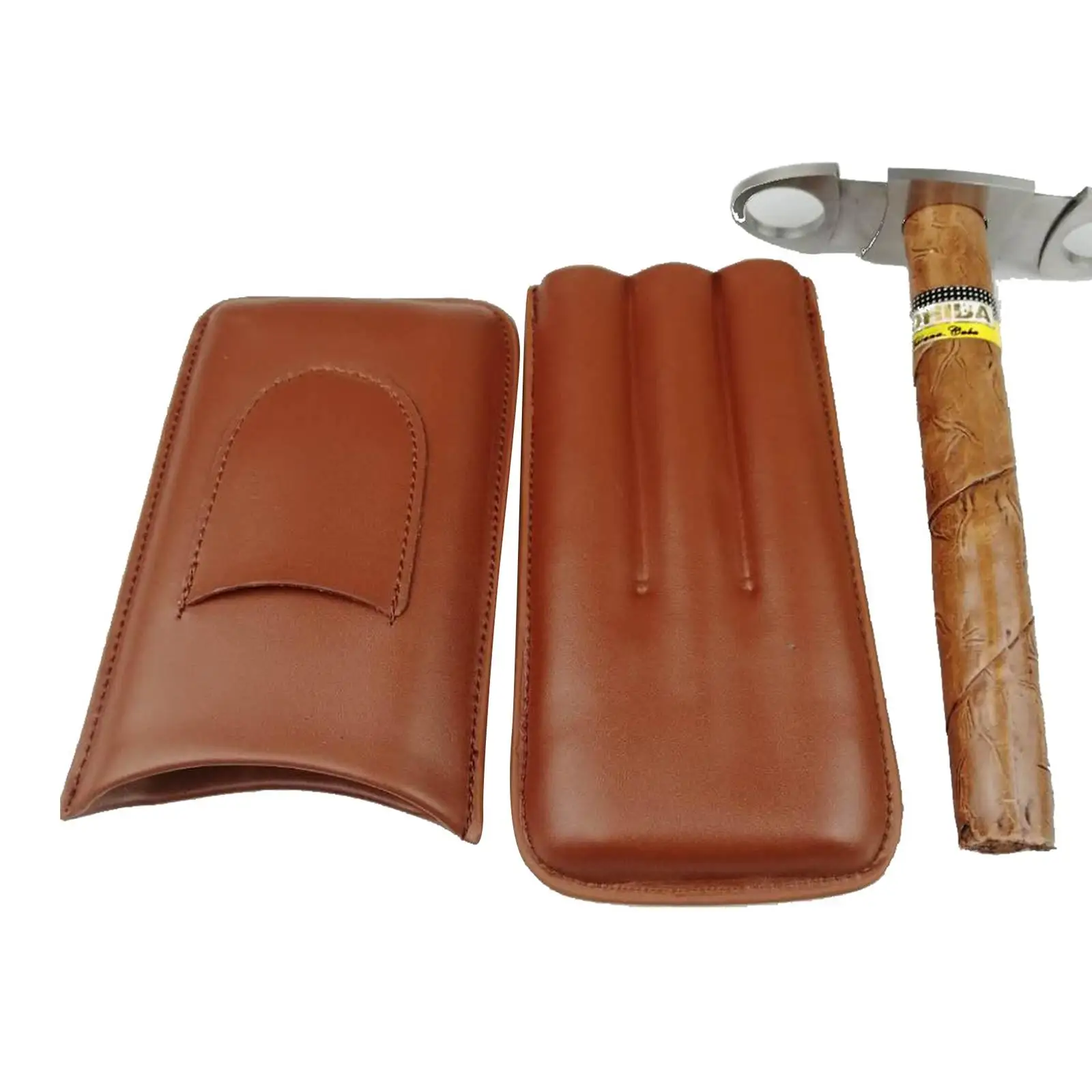 Leather Travel Cigar Case Portable 3 Tube Holder Humidor Cigars Accessories W/ Cigar Cutter Gift for Man