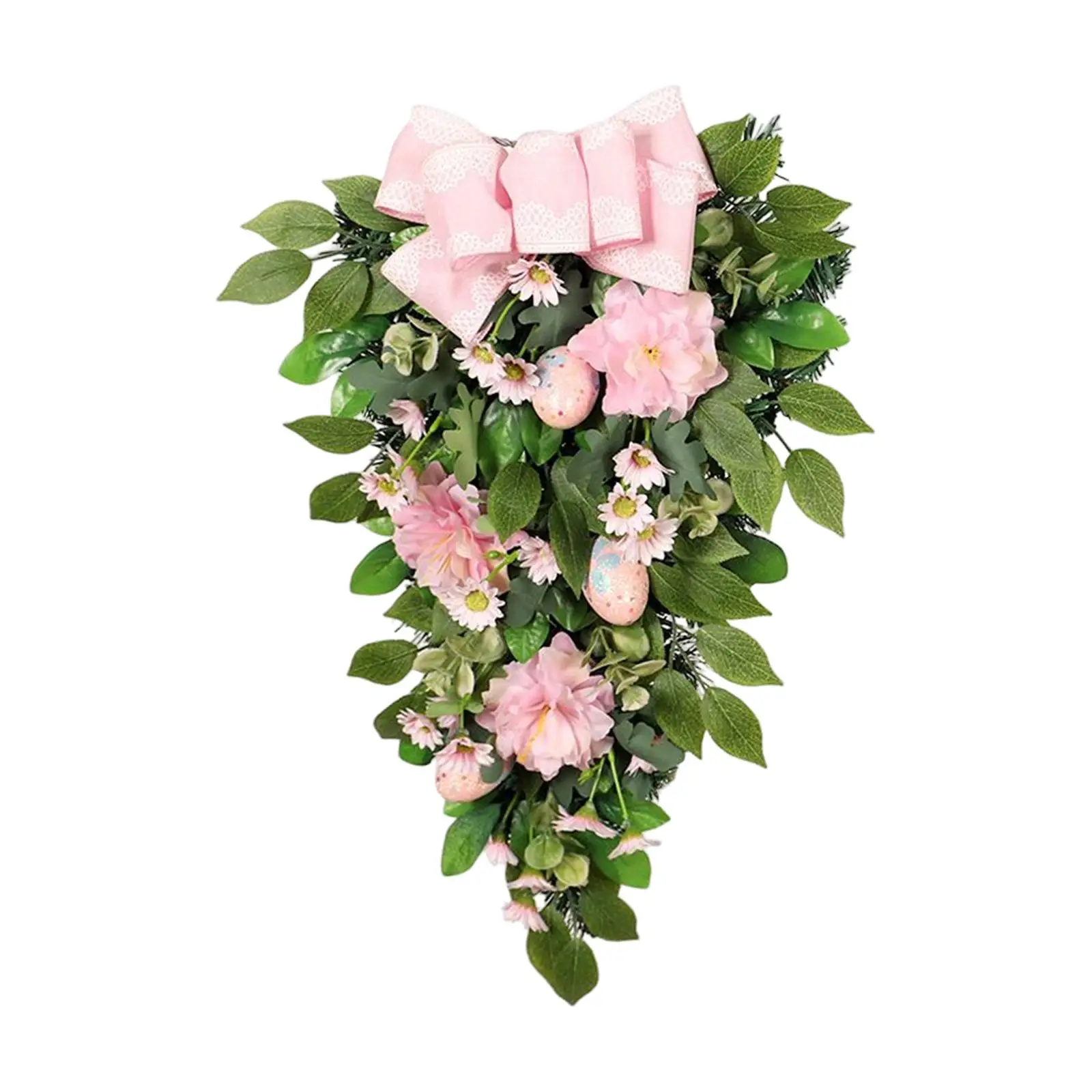 Easter Teardrop Wreath Wall Door Hanging with Bow Pink Easter Eggs for Festival Decoration