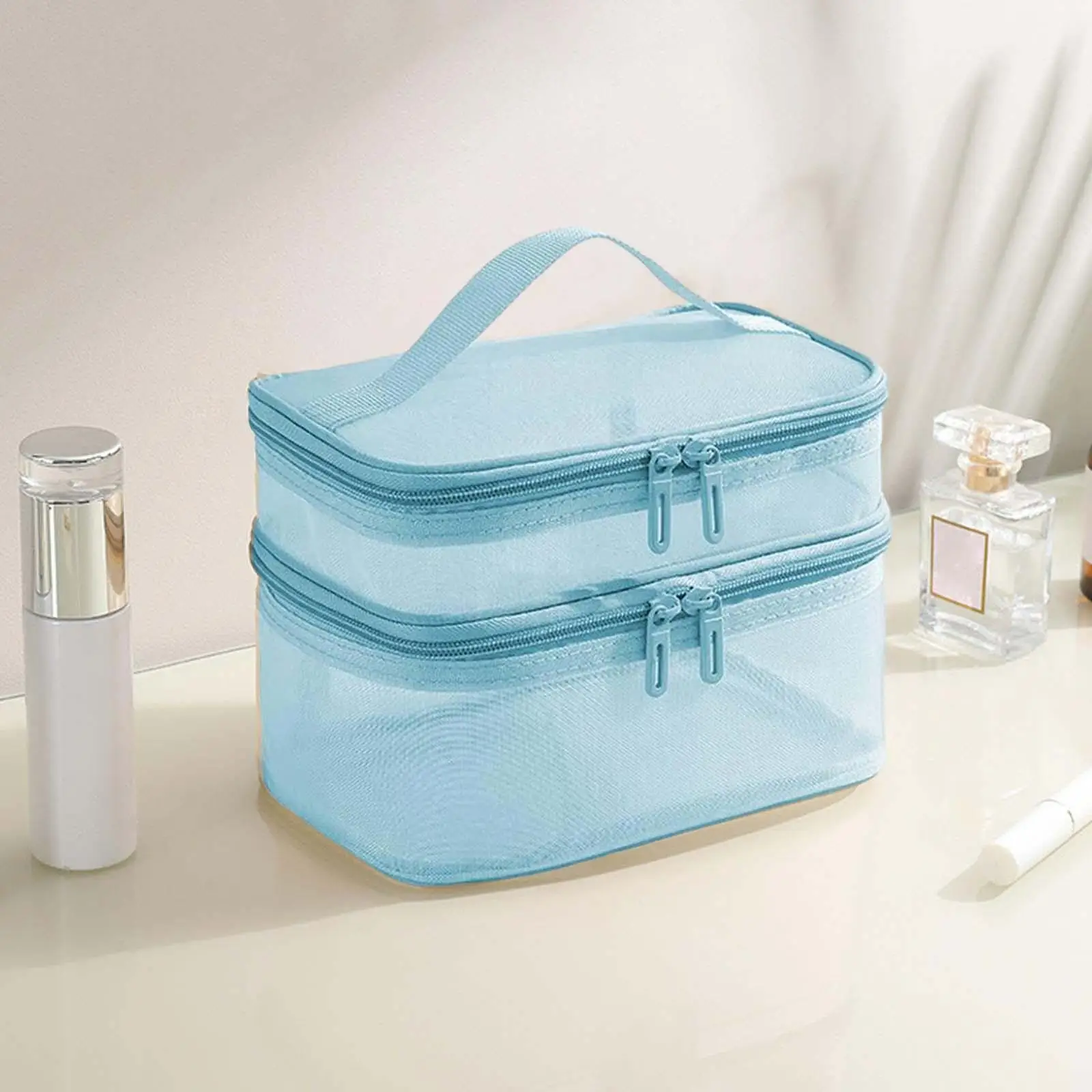 Double Layer Cosmetic Bag with Handle Foldable Toiletry Bag for Full Size Bottles Jewelry Accessories Toiletries Women and Girls