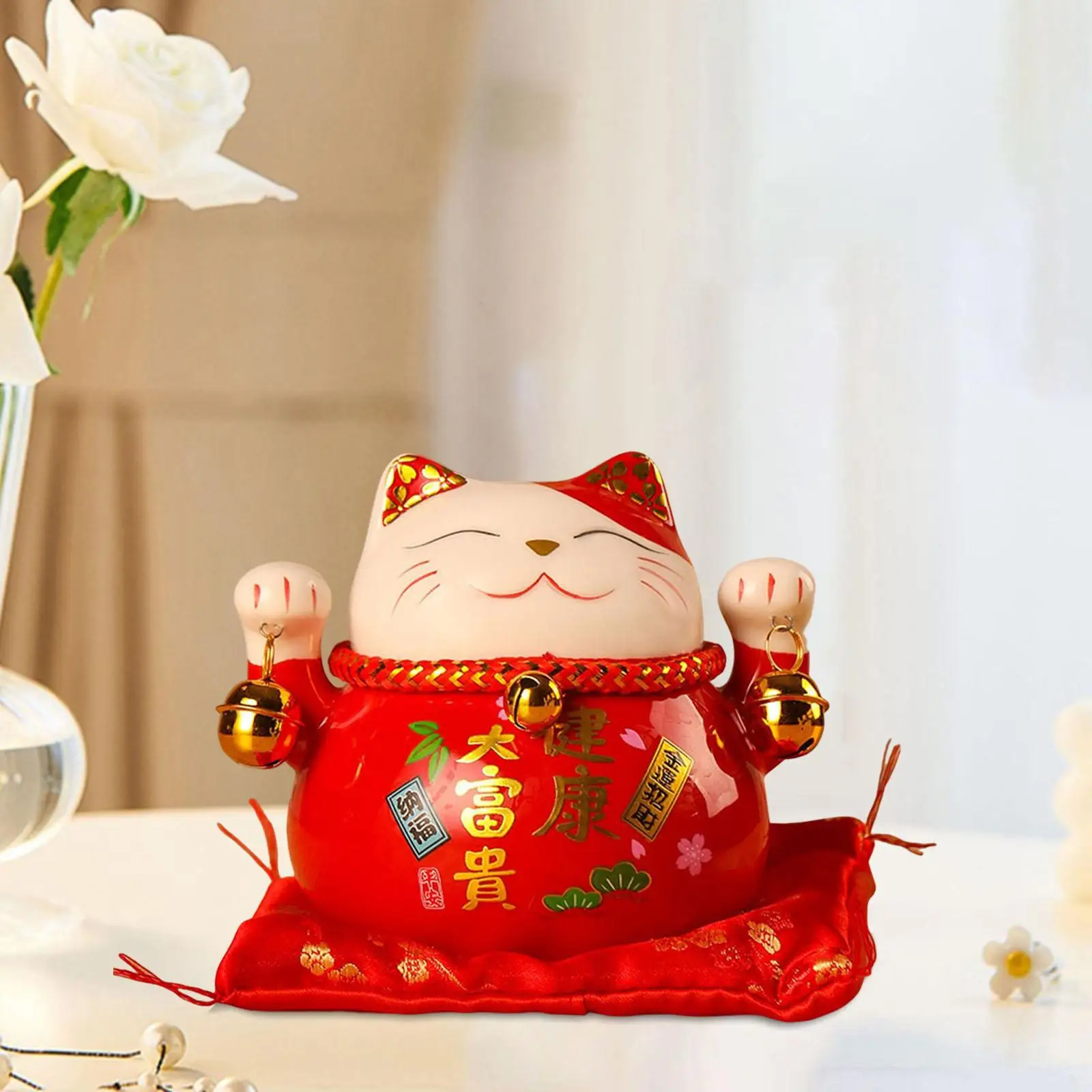 Ceramic Lucky Cat Money Bank Figurines with Bell Decorative Crafts Storage Home Decor Chinese Style for Tabletop Business Gift