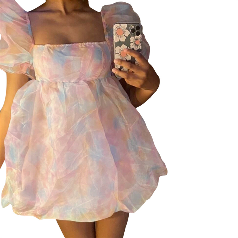 Fairy Mesh Dress y2k Women Aesthetic Gradient Color Puff Sleeve Princess Dress Square Neck Short Prom Party Dresses