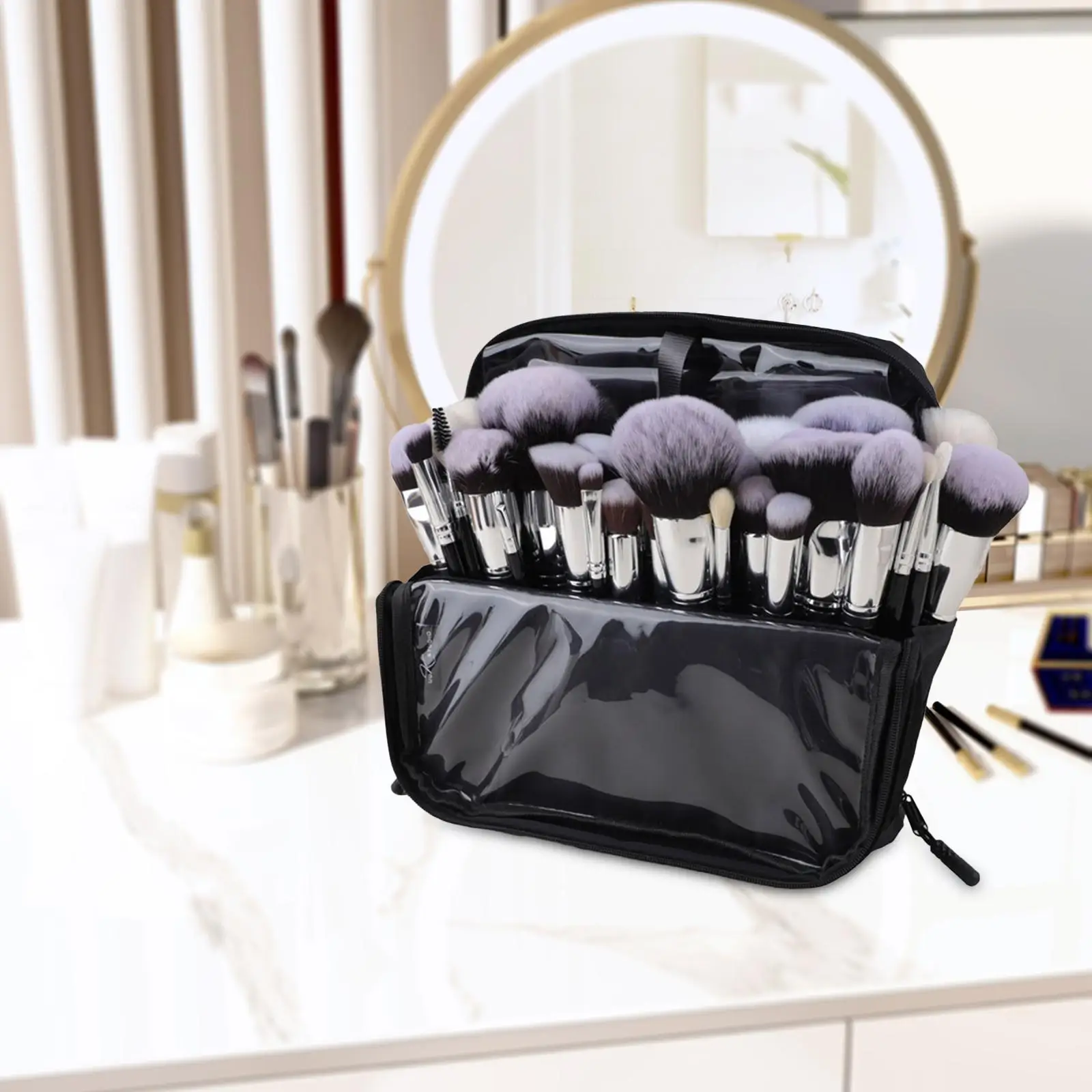 Makeup Brush Organzier Bag Foldable Stand up Durable Zipper Large Cosmetic Bag for Cleaning Brushes Makeup Artists