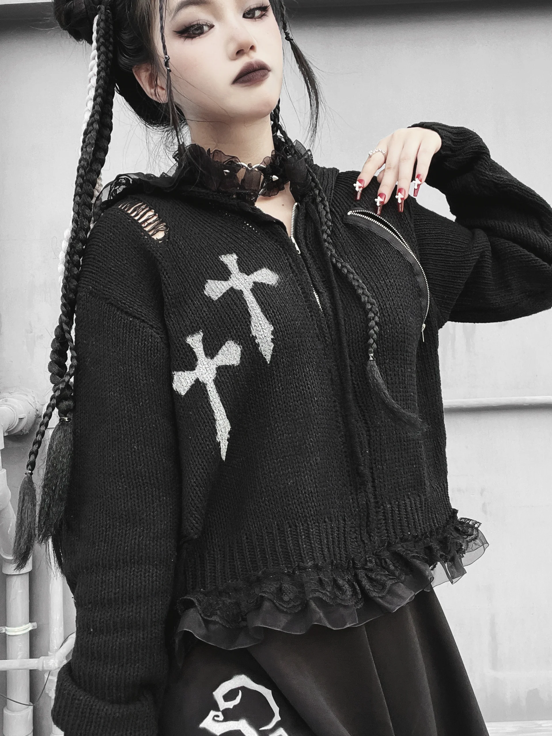 Ruibbit New Spring Autumn Women Harajuku Punk Gothic Girls Black Hoodies Hip Pop Sweatshirt Hooded Japanese Ink Jet Cross