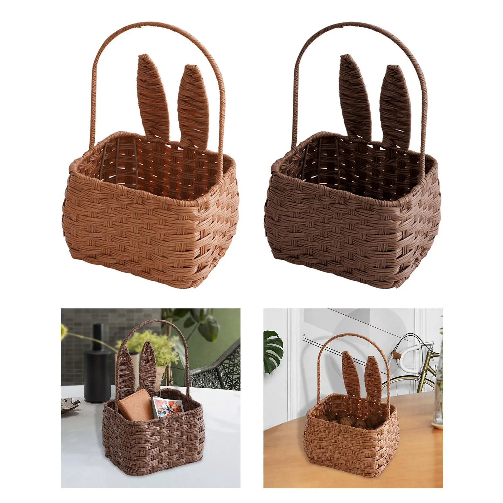Portable Rabbit Ears Picnic Basket Handmade Best Gift Makeup Organizer with Handle Wicker Box for Camping Family Home Decoration