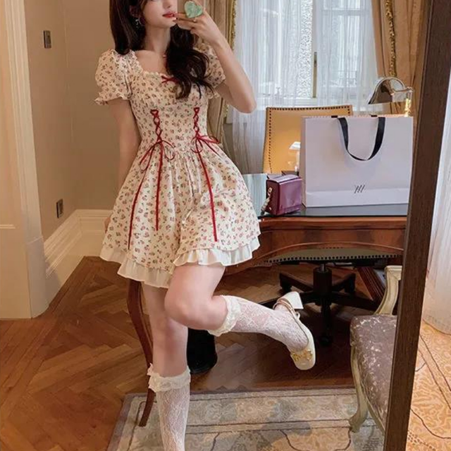 Women Cute Floral Dress Lace-up High Waist Corset Dress Cottagecore Puff Sleeve Square Collar - Image 8