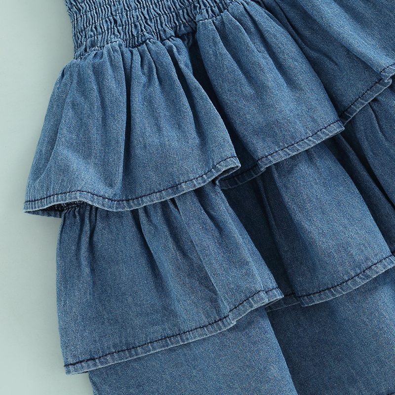 Focus norm 0-4y Sommer Prinzessin Baby Mädchen Kleid blau Denim Rüschen ärmel los hohe Taille geschichtet Sommerkleid – Detail 4