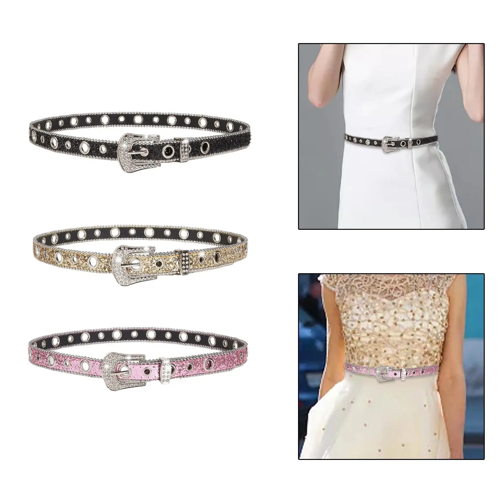 Rhinestone Belt Women PU Leather Waist Belt Eyelet Belt Costume Accessories Adjustable Pin Buckle Waistband for Party Trousers
