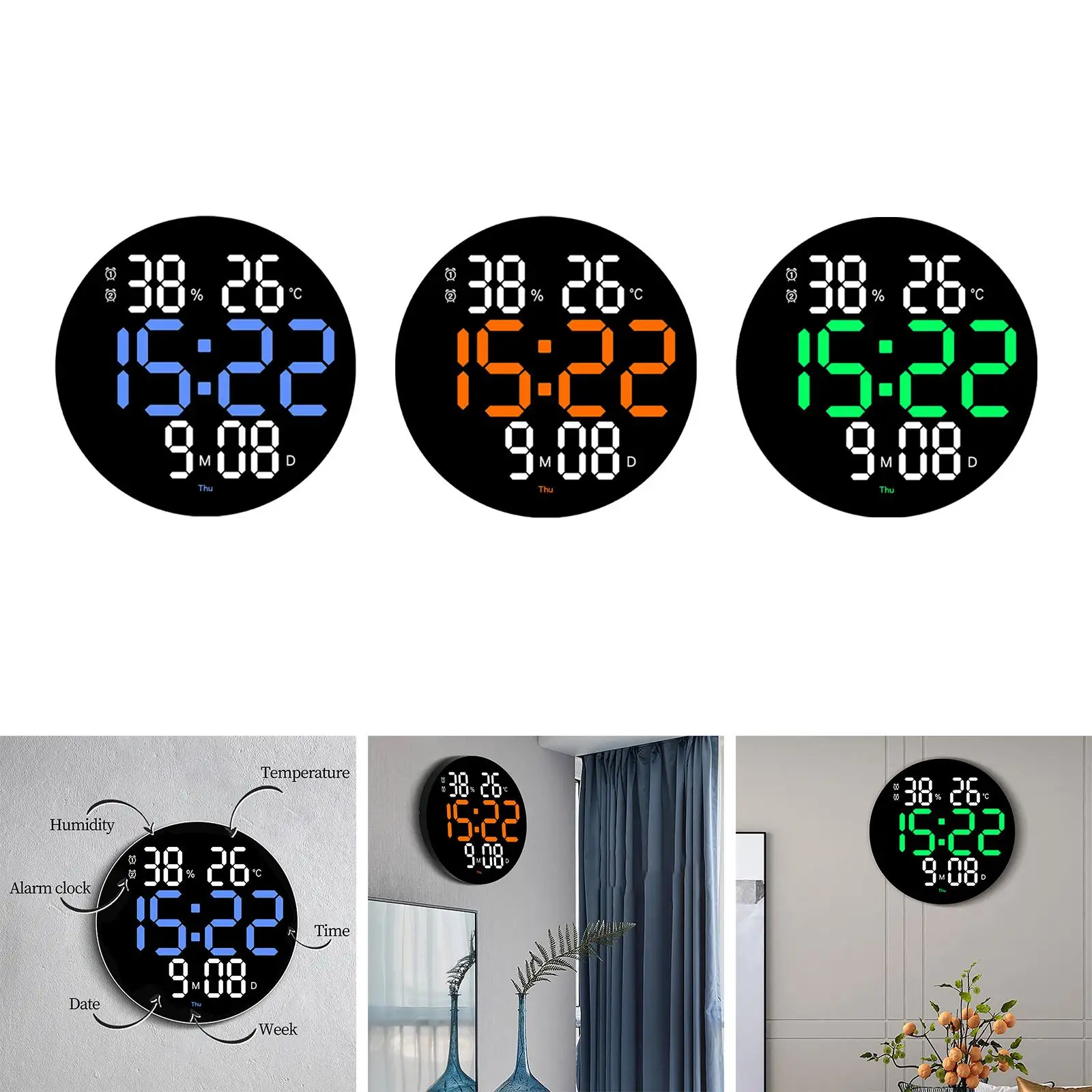 LED Electronic Clock Timing Functions Round Wall Clock for Living Room