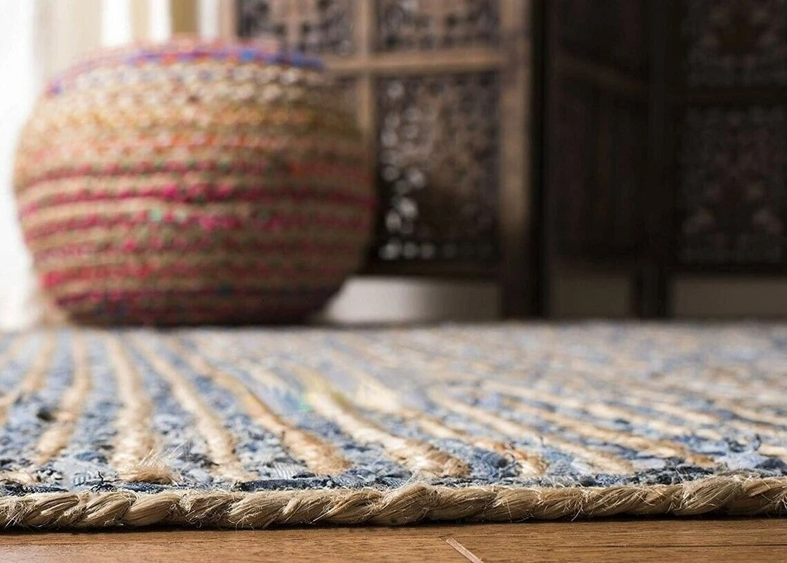 Rug Natural Denim Jute Rectangle Braided Floor Mat Handmade Reversible Area Rugs 