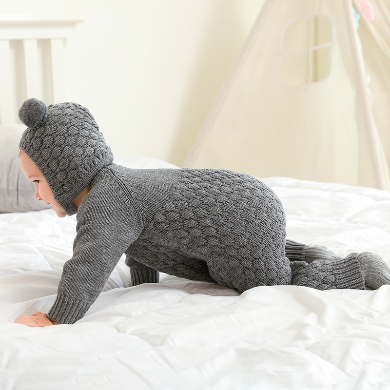 Infant Neugeborenen Baby 2PCS Winter Warme Outfits, Lange Ärmel Einfarbig Gestrickte Romper + Bär Hut Set – Detail 4