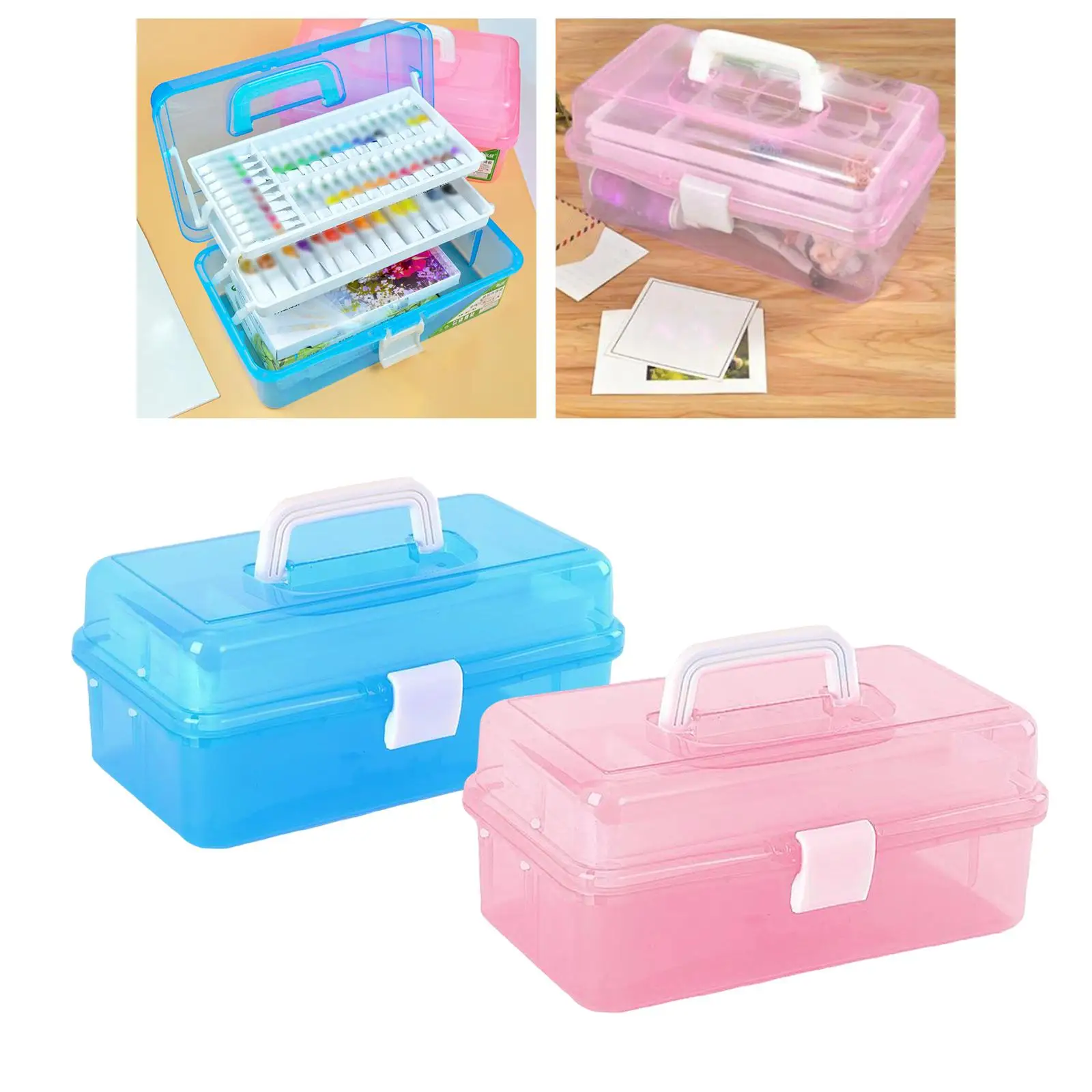 Portable Storage Box Organizer Sewing Fishing Tackle Box with Tray 3 Layers Carry Case