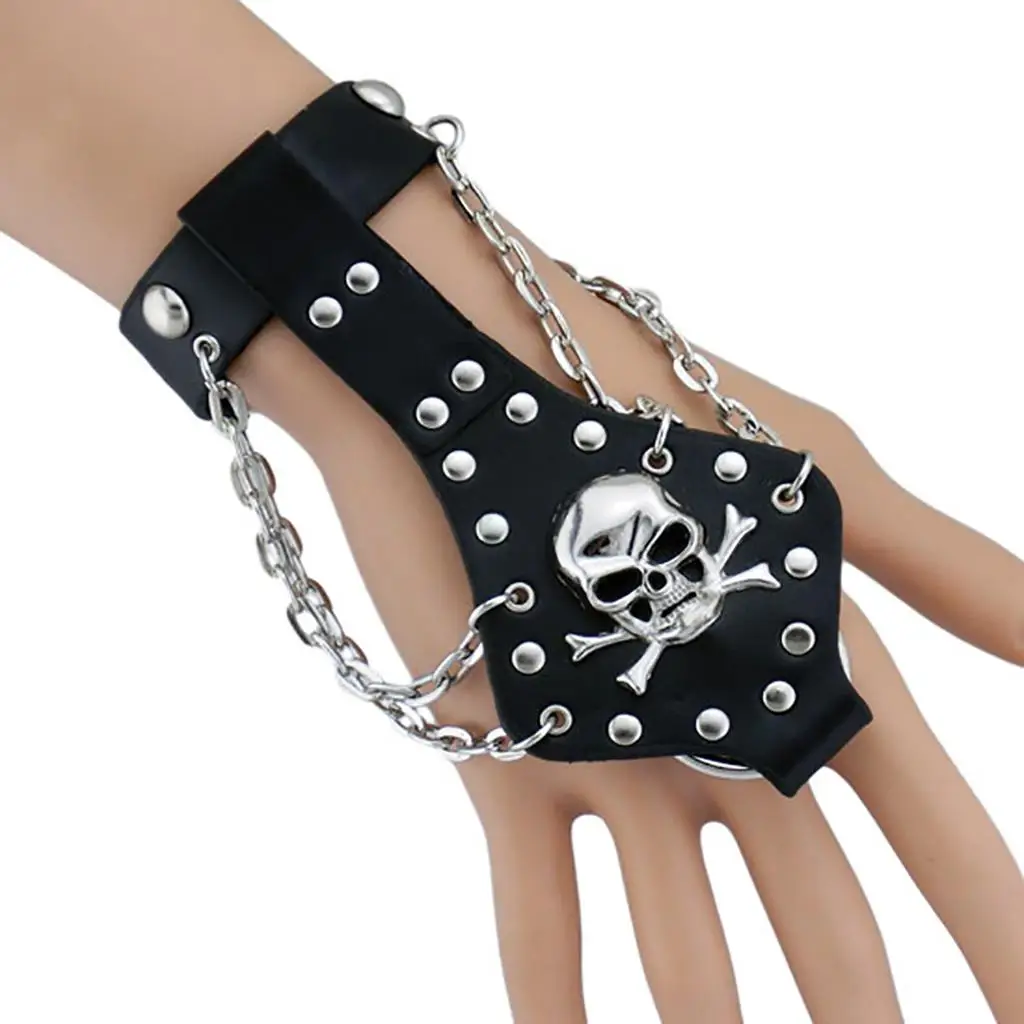 Skull Bracelet With Attached Leather Bangle Wristband Gothic 
