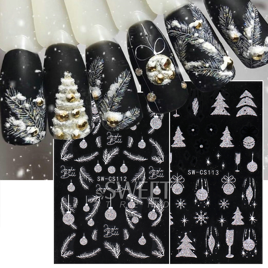 Description Picture 6 of itemSparkly Glitter Winter Pine Nail Decal Sticker Reflective Xmas Tree Jingle Bell Pattern Snowflakes Charm Manicure Powder Sliders
