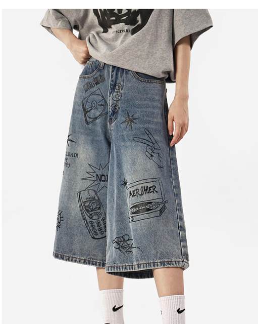 Summer Thin Graffiti Denim Shorts Women Loose Casual Capris