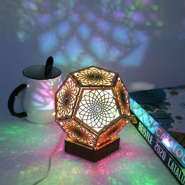 Polyhedron LED Projection Light Beautiful Easy Operation Wood Projection  Night Light Decorative Floor Night Lamp for Party