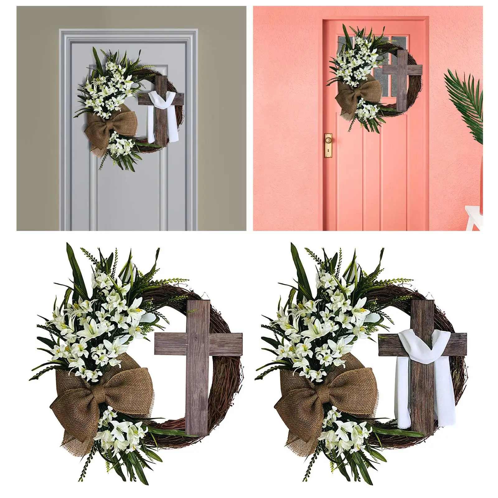 Round Easter Door Wreath with Cross with Burlap Home Front Door Decor Rustic