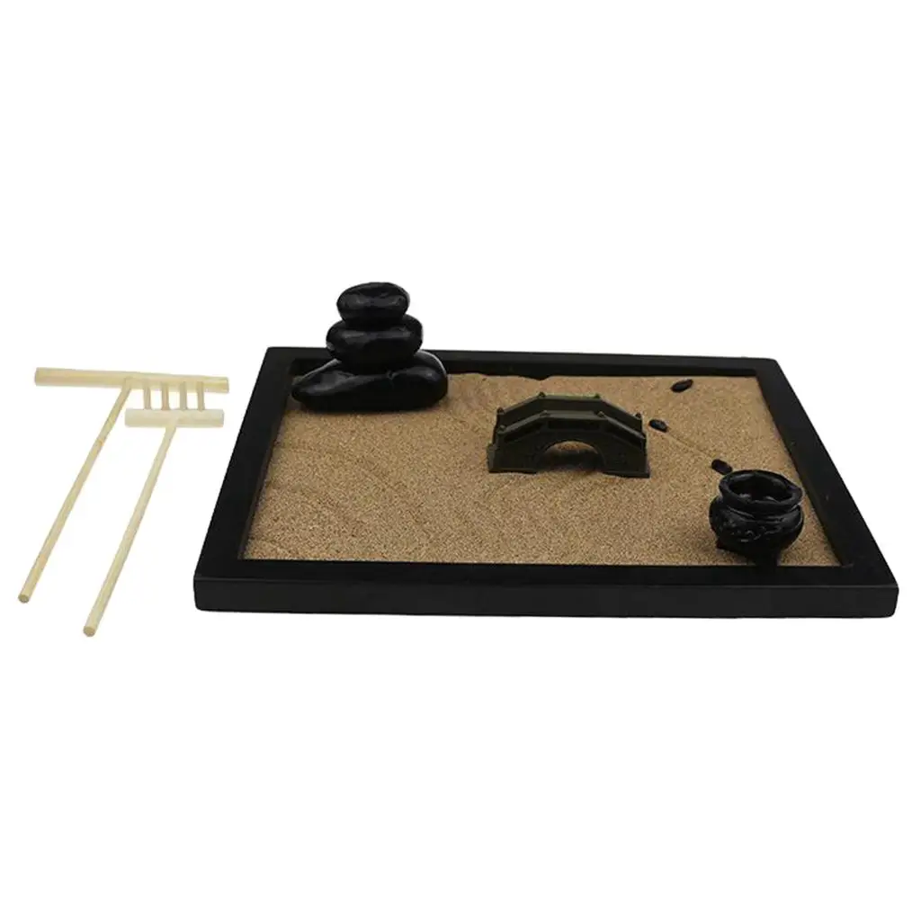 Tabletop Meditation Garden - Desktop Meditating Mini Japanese Garden with Bamboo Rakes, Stones