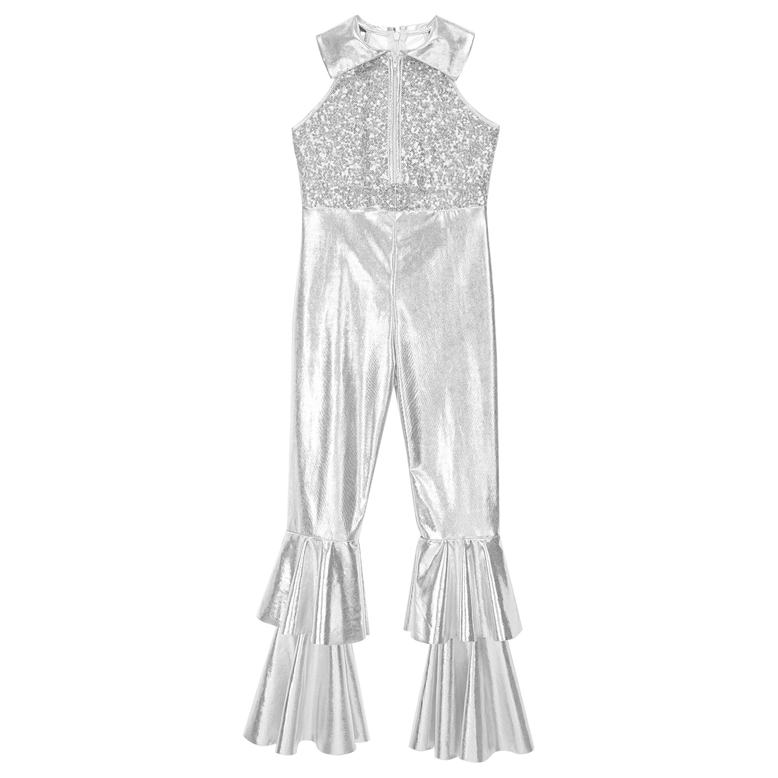 Kinder Mädchen Pailletten Ballett Gymnastik Trikot Vintage Party Hippie Kostüm Disco Diva Tanz Leistung Overall Glocken boden – Detail 6