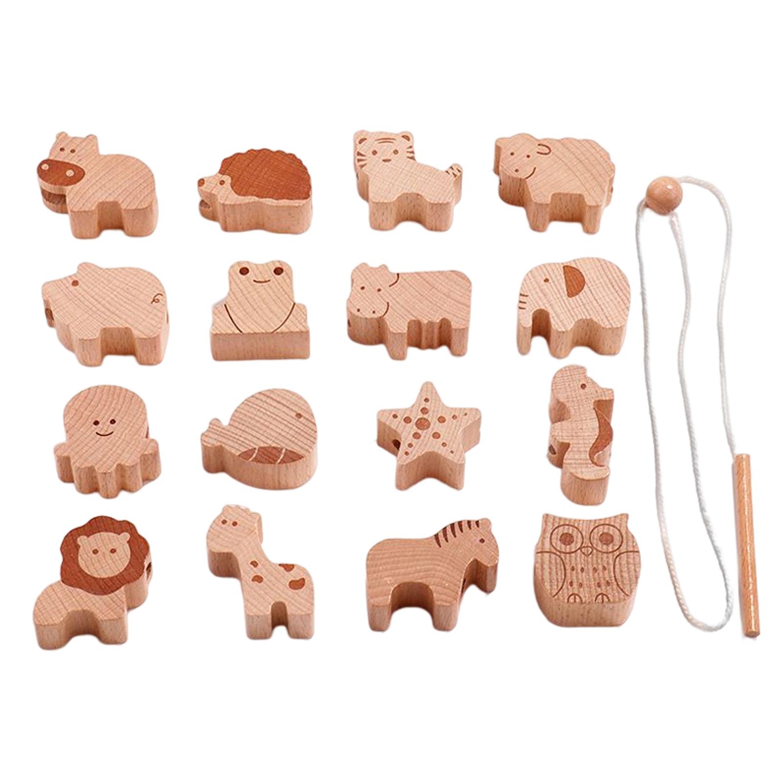 16Pcs Wooden Animal Blocks Lacing Toy Wooden Stacking Puzzle for Boy Girl