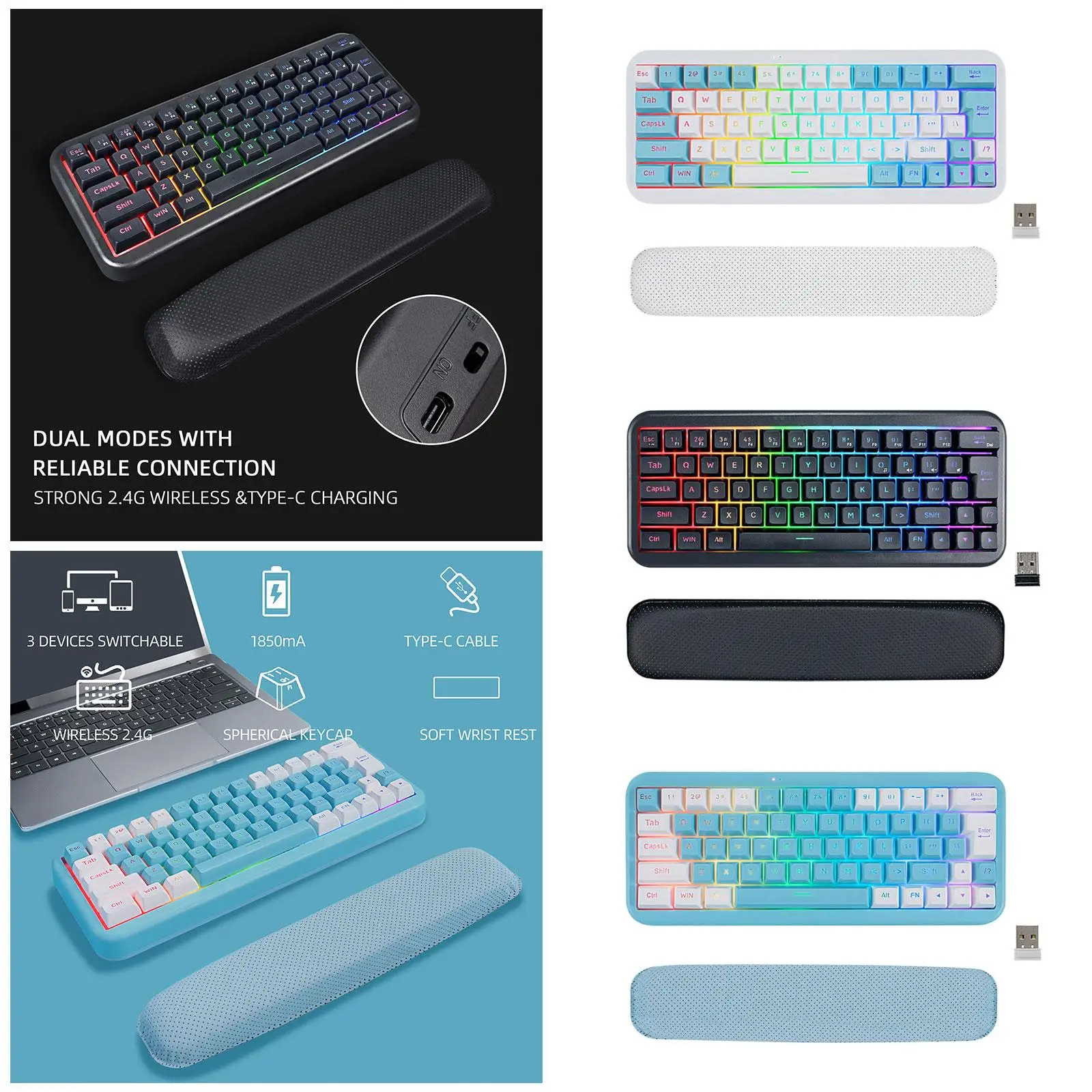   Keyboard W/ Wrist  6 Backlit plug  Rechargeable 1850mAh Full Size Compact RGB for Desktop  Office