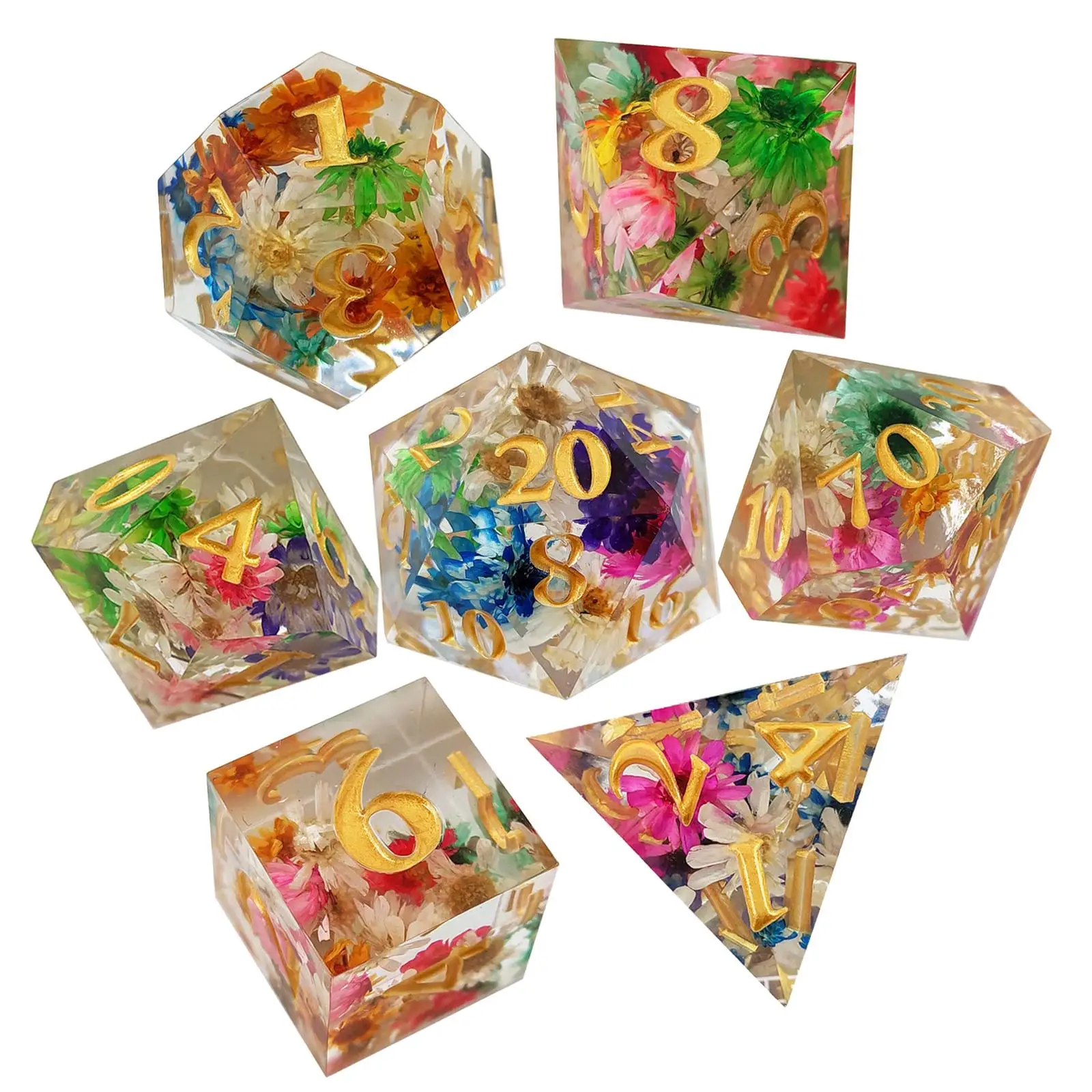 7 Pieces Polyhedral Dices Set Toys Transparent Flower Durable Portable Engraved Rolling Dices for Table Games Board Game Props