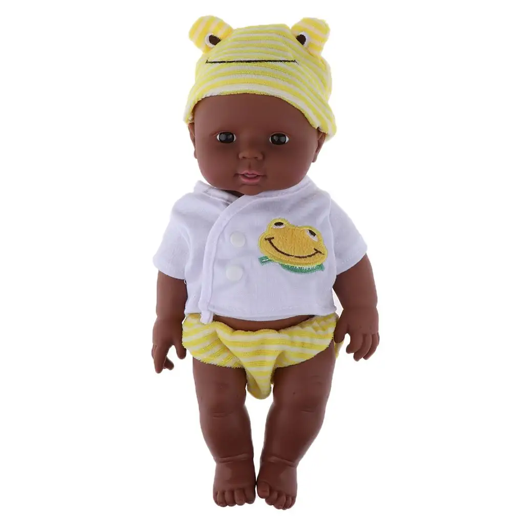 12 inch African   with Clothing,  Black Skin Color, Soft  Body,  Flexible Joints - Yellow