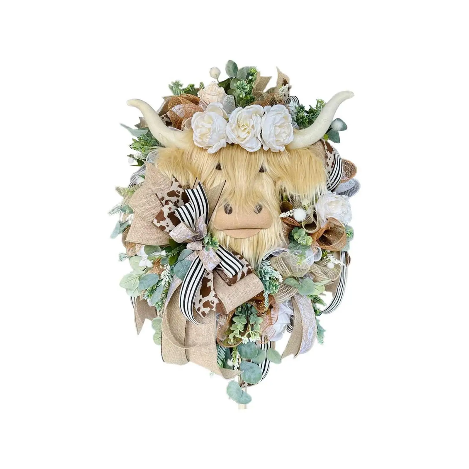 Highlands Cow Wreath Easter Spring Decor Wreath for Front Door Window Hanging Garland for Festival Fireplace Decoration