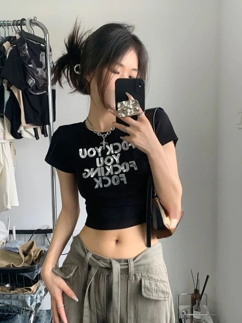 2023 Autumn Y2k Aesthetic Fashion T-shirt Vintage Slash Neck Crop Tops with  Scarf Kpop Irregular Slim Tee Shirt Chic Streetwear - AliExpress