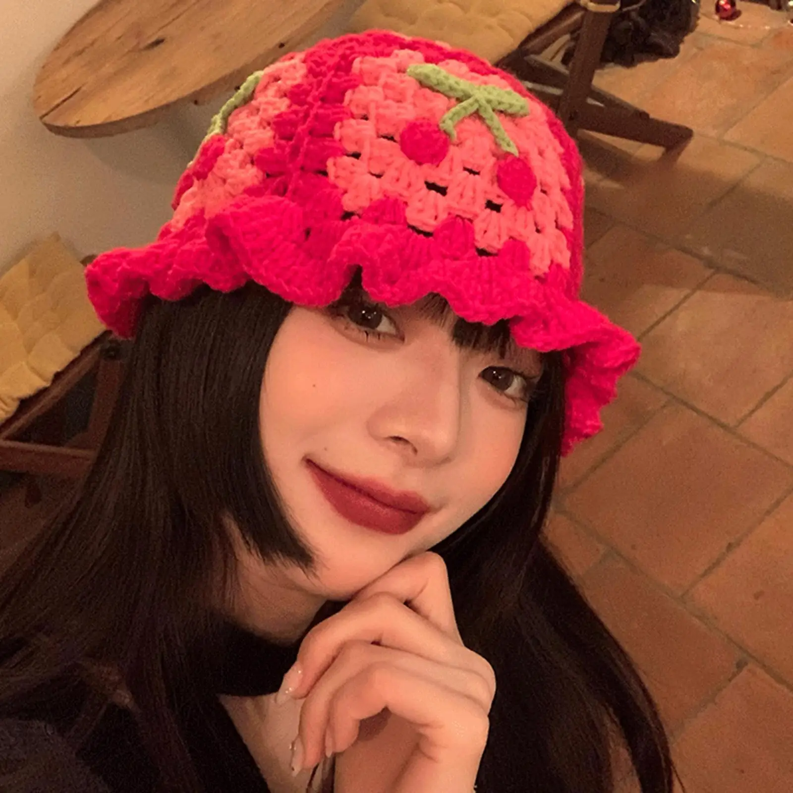 Hollow Cherry  Hat Knitted Embroidered Photo Props Soft Fruit Fisherman Hat Handmade Red for  Beach Women 
