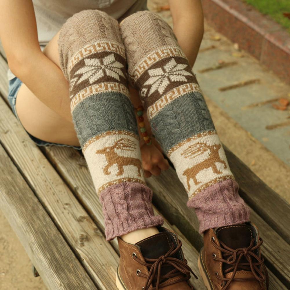 1 Pair Christmas Deer Snowflake Patterns Crochet High Stretchy Knit Knee-High Winter Boot Socks Leg Warmers_voghion.com