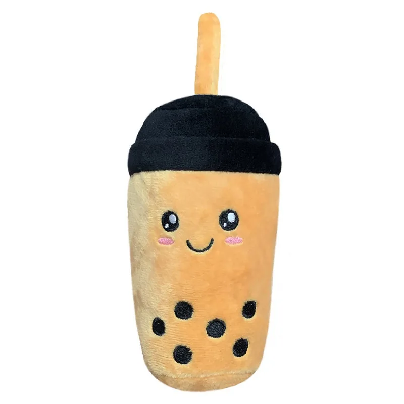 Un juguete de peluche diseñado para parecerse a una taza de té de boba. Tiene una cara sonriente con ojos y boca, y está decorado con lo que parecen ser burbujas de boba en el costado.