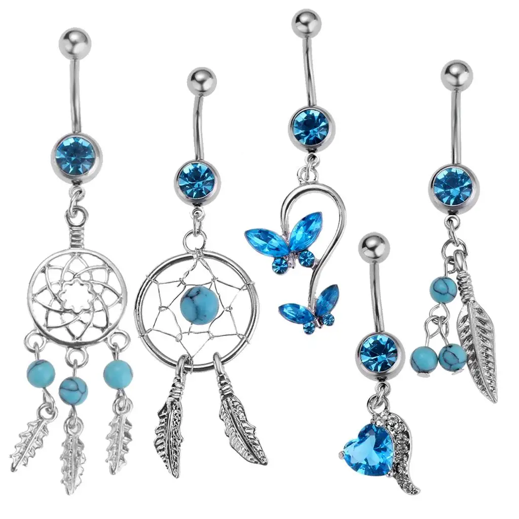 Prettyia 5pcs Blue Rhinestone Dreamcatcher Butterfly Dangle Navel Bar