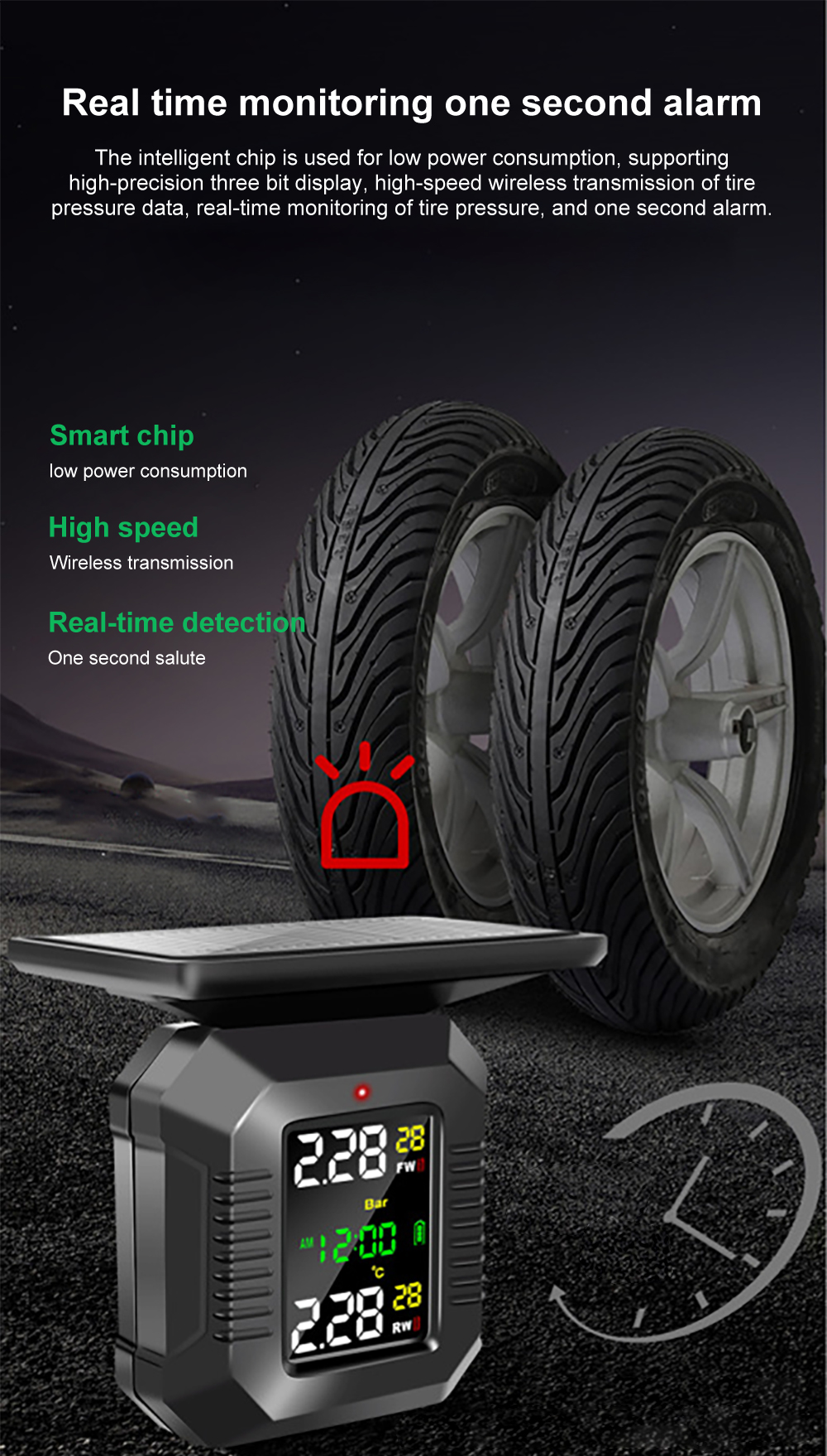 Motorcycle TPMS Tire Pressure Monitoring System 2 Tyre Pressure External Sensors Solar Power TPMS Tire Pressure Alarm Monitor 9