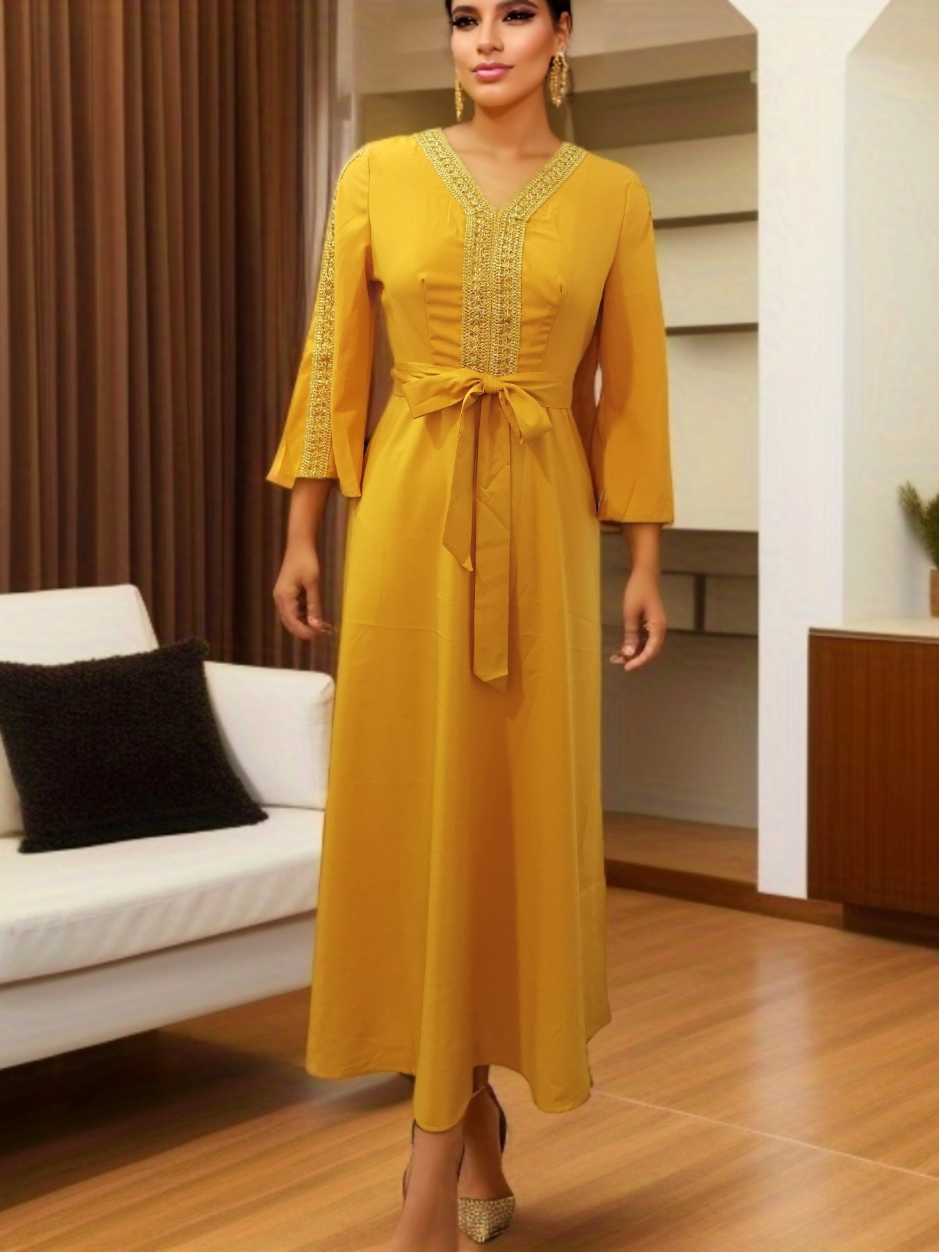 S3ffb393da15b4691b9a5ba9a7872a36bf es V Neck Flare Sleeve Gorgeous Belt Slim Fit Kaftan