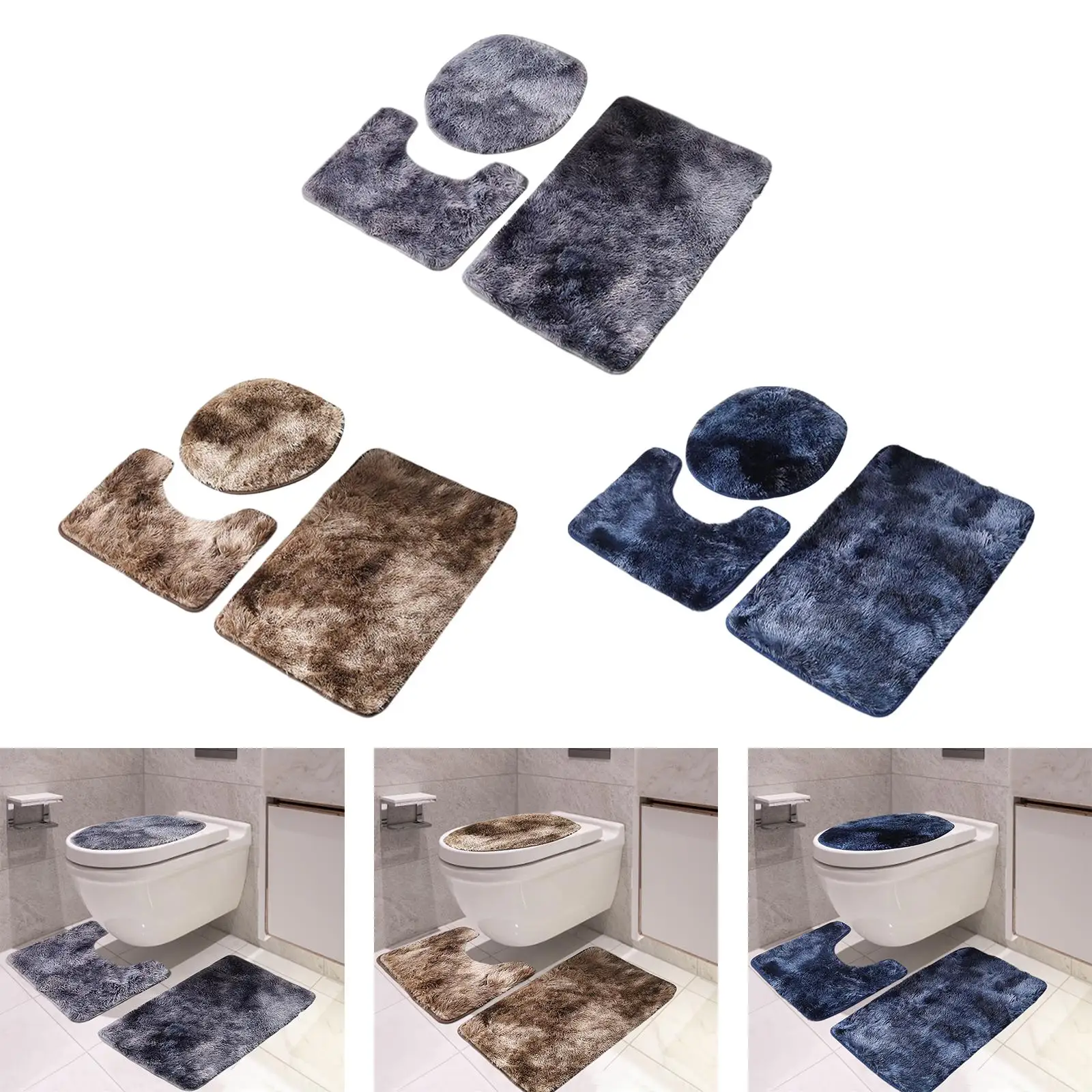3 Pieces Soft Cozy Shaggy Bath Mats Set with Toilet Cover Water Absorbent Carpet U Shape Contour Rug Bathroom Rug Sets