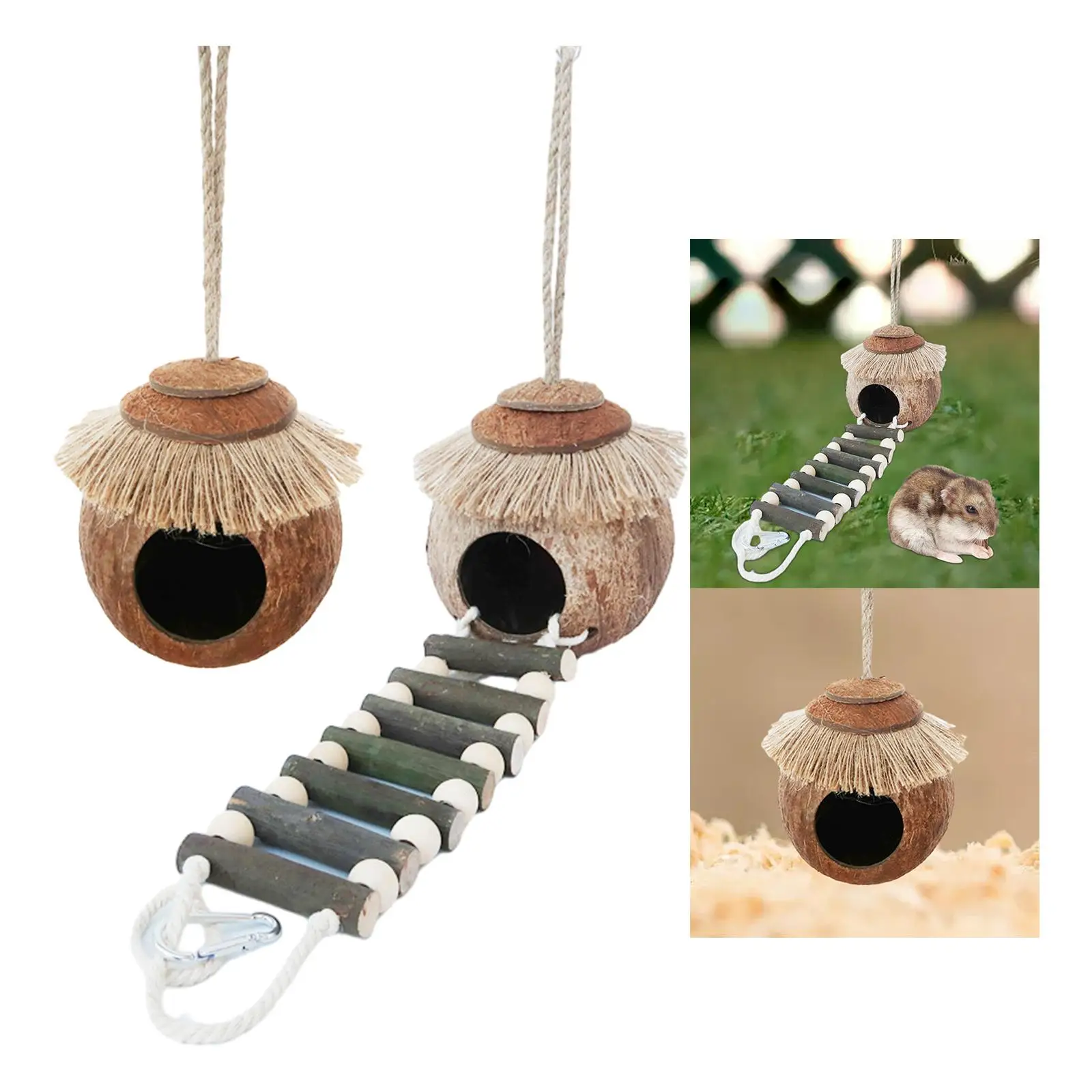 Coconut Shell Parrot Nest Hideaway Cage Hanging Toy Habitats Decor Birdhouse Cage for Bird Small Animals Budgie Parrot Hamster